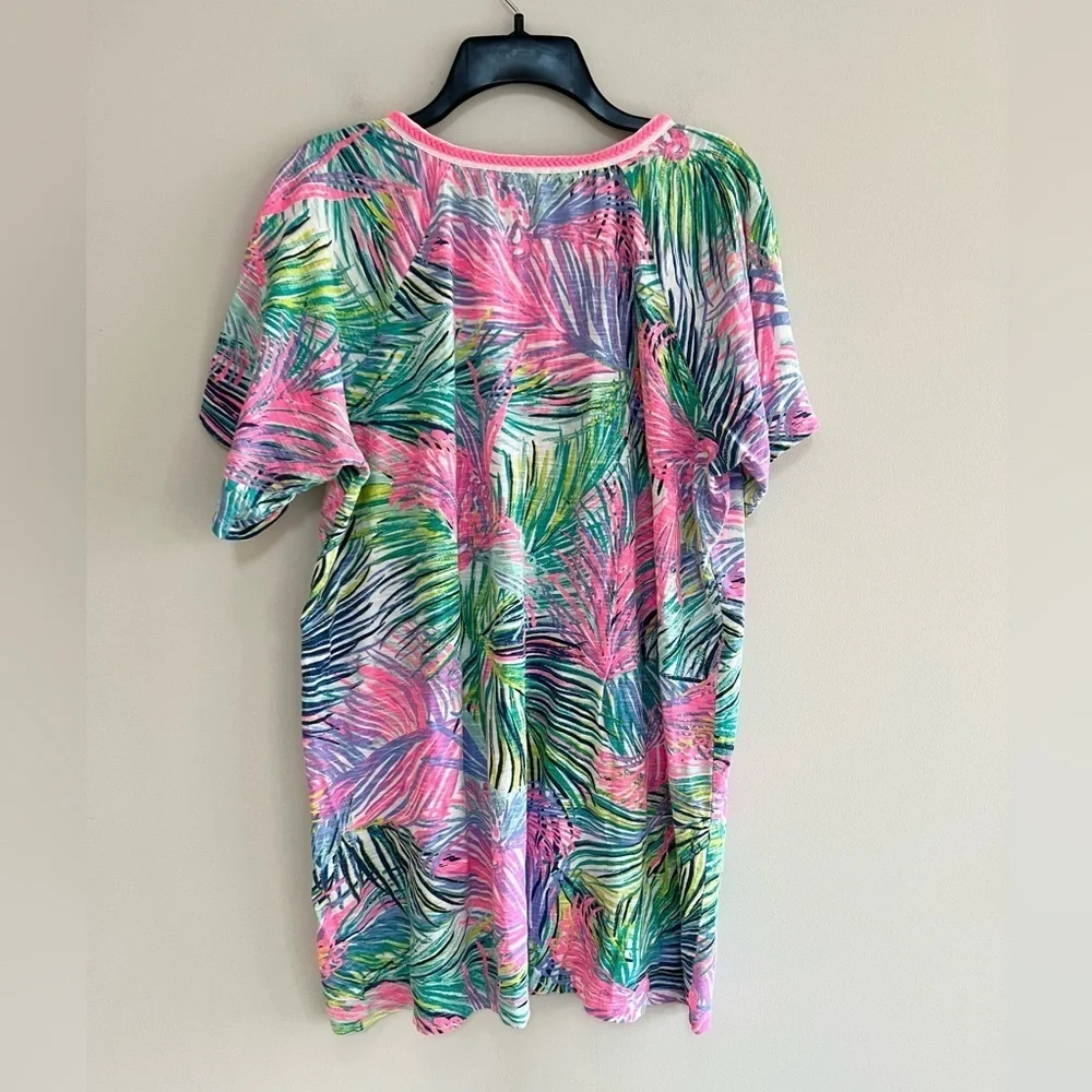 Lilly Pulitzer Bonita V-Neck Short Sleeve Cotton Coverup Tropical Palm Print, L